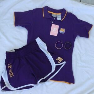 LSU Athletic Reebok Company, collared top, NWT, LSU athletic shorts, 2 LSU brace